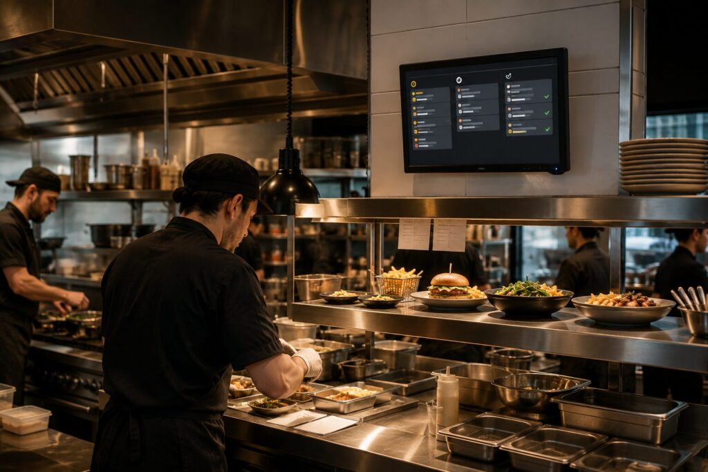 Monitor de cocina KDS mostrando las comandas en pantalla