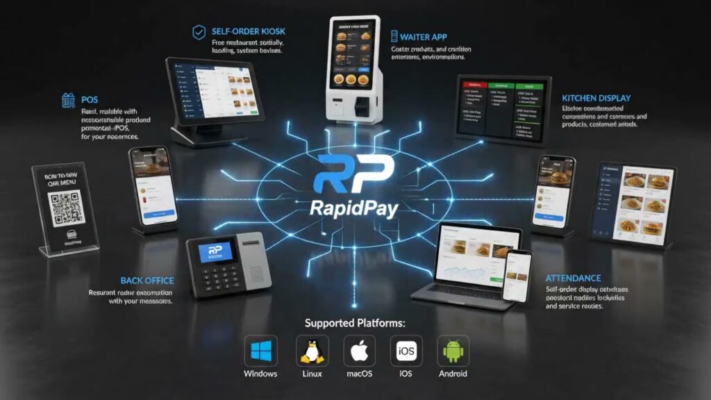 Ecosistema RapidPay: caja, kiosco, comandero, monitor de cocina y BackOffice