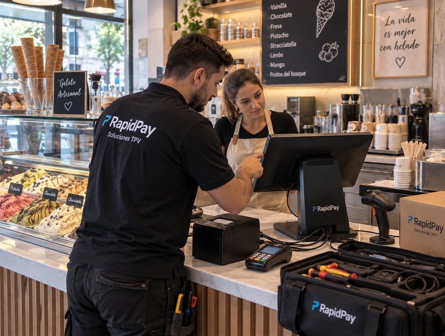 Técnico de RapidPay instalando el TPV en el local
