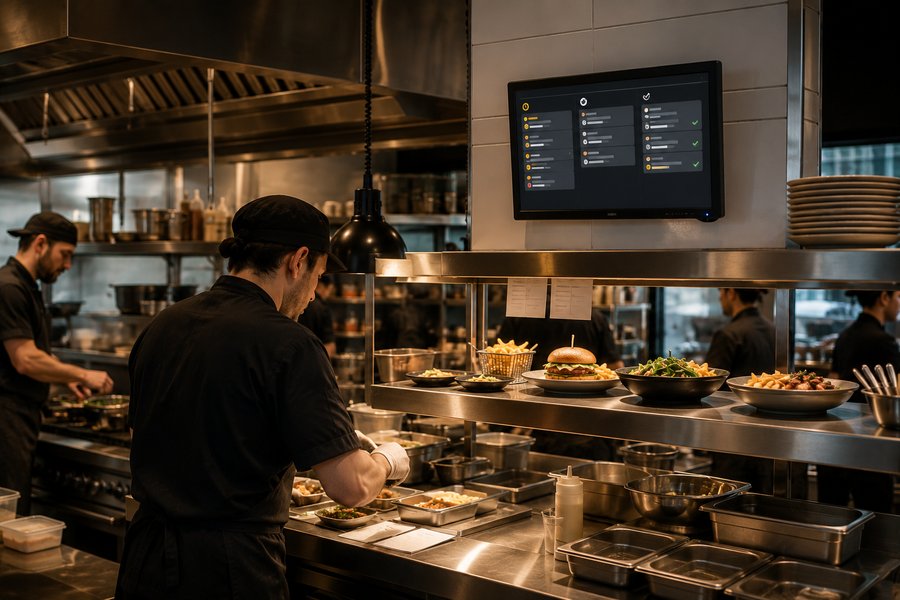 Monitor de cocina KDS con los pedidos en pantalla